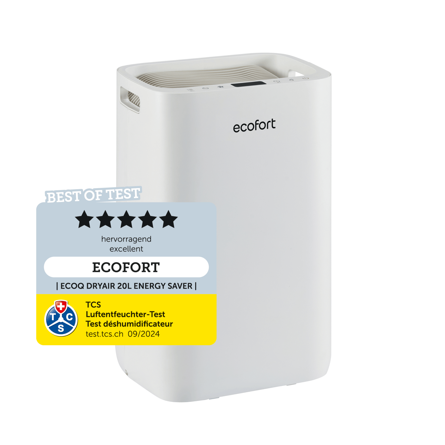 ecoQ DryAir 20L Energy Saver – leistungsstarker, ultra-leiser Testsieger TCS, energiesparender Luftentfeuchter bis 50 m²