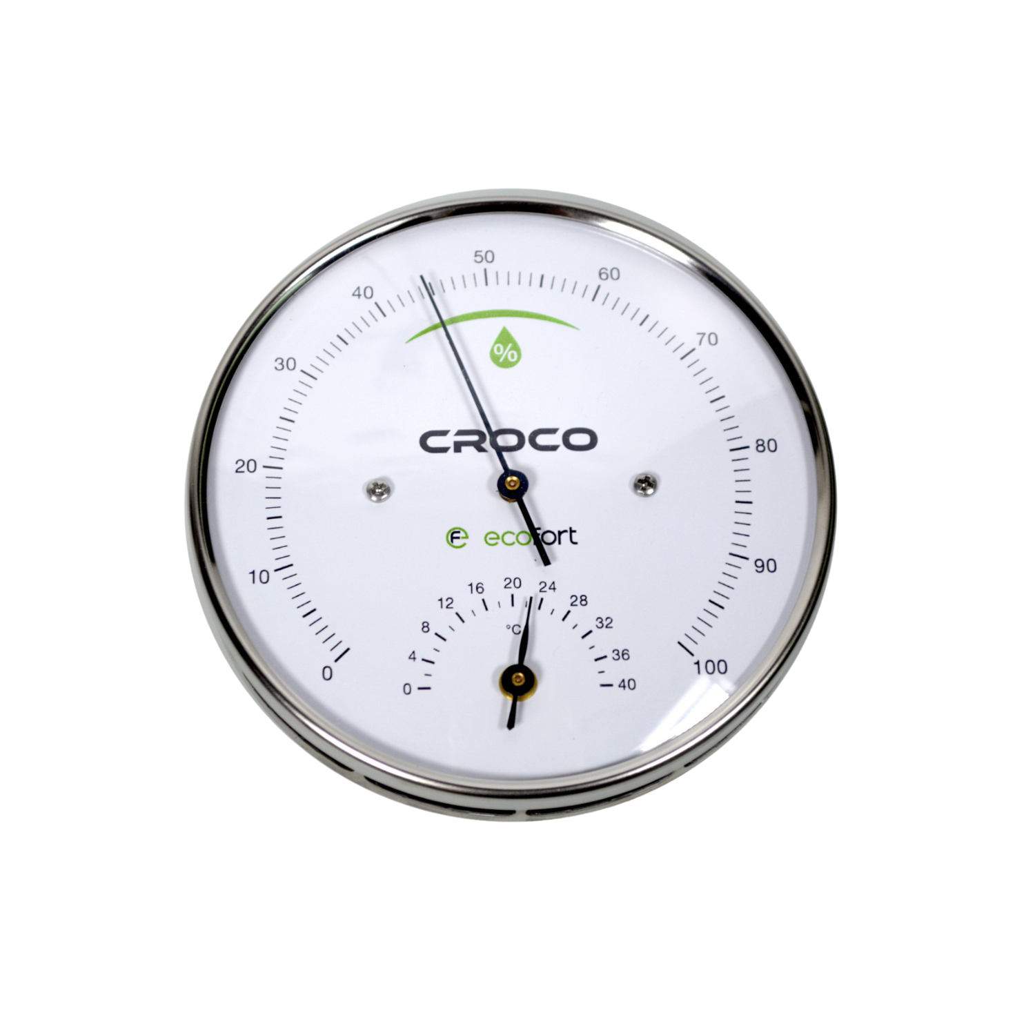 ecoQ Croco Hygrometer aus Holz zur Wandmontage, misst Temperatur und Luftfeuchtigkeit zuverlässig.