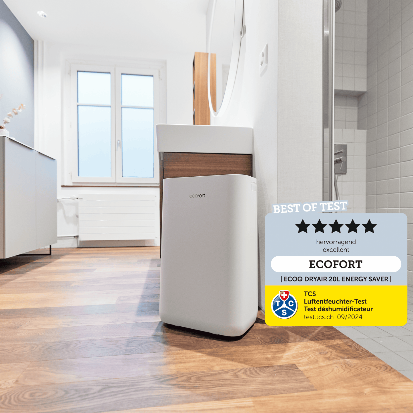 ecoQ DryAir 20L Energy Saver – stromsparender, ultra-leiser Raumentfeuchter in Classic White, TCS Testsieger für Räume bis 50 m²