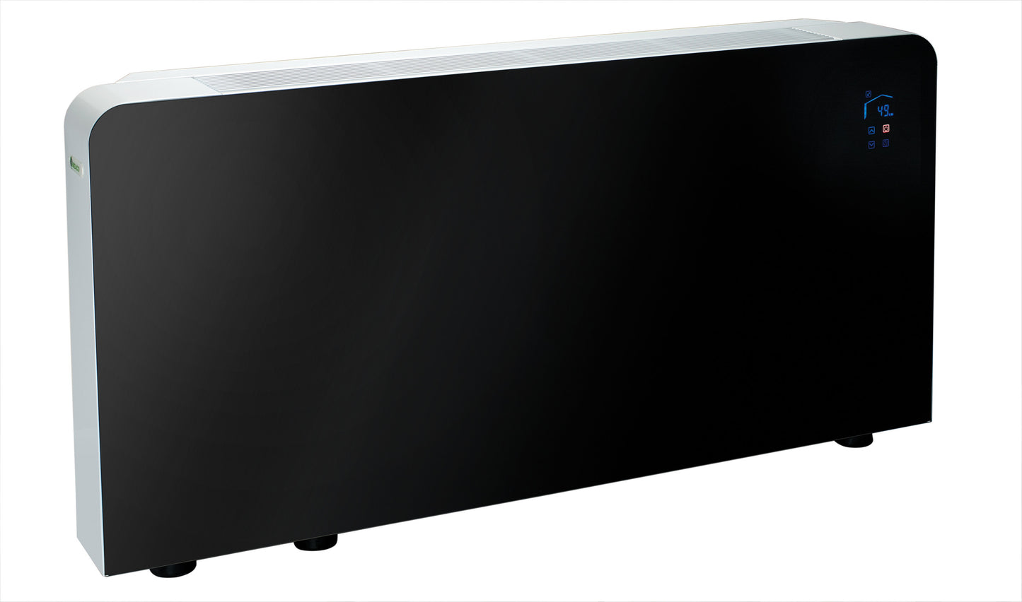 Meaco PowerDry Luftentfeuchter in elegantem Schwarz mit Glasfront und Wandmontage, Leistung 53 Liter.