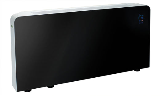 Meaco PowerDry Luftentfeuchter in elegantem Schwarz mit Glasfront und Wandmontage, Leistung 53 Liter.