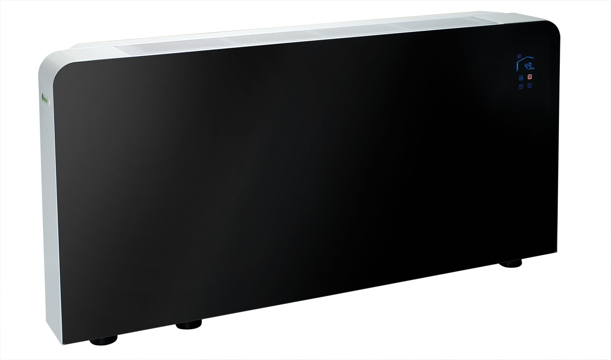 Meaco PowerDry Luftentfeuchter in Schwarz mit Glasfront, Wandmontage und 108 Liter Leistung.