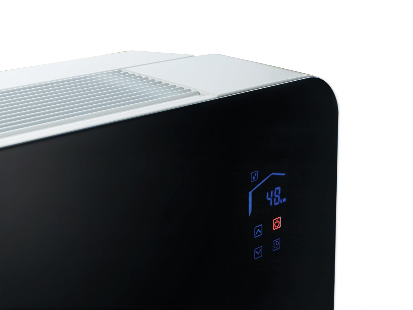 Meaco PowerDry Dehumidifier in Schwarz, elegantes Design mit Glasfront, Wandmontage für Räume bis 400 m².