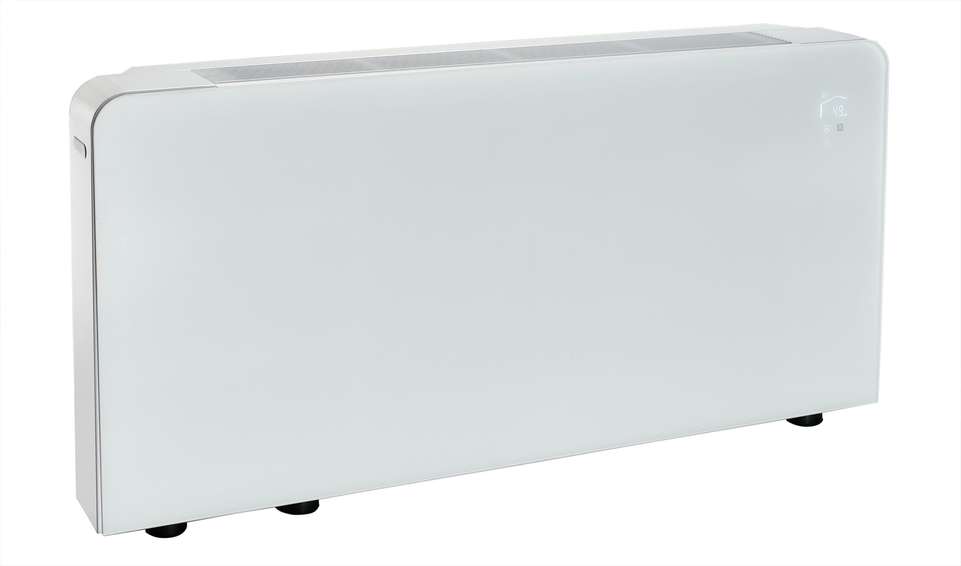 Meaco PowerDry Wandmodell in Weiss mit edlem Glasdesign für effektive Luftentfeuchtung und leisen Betrieb.