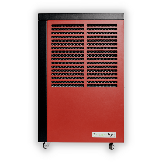 ecodry Neptun Luftentfeuchter in Ruby Red, mobil, mit Hygrostat-Steuerung für optimale Feuchtigkeitskontrolle.
