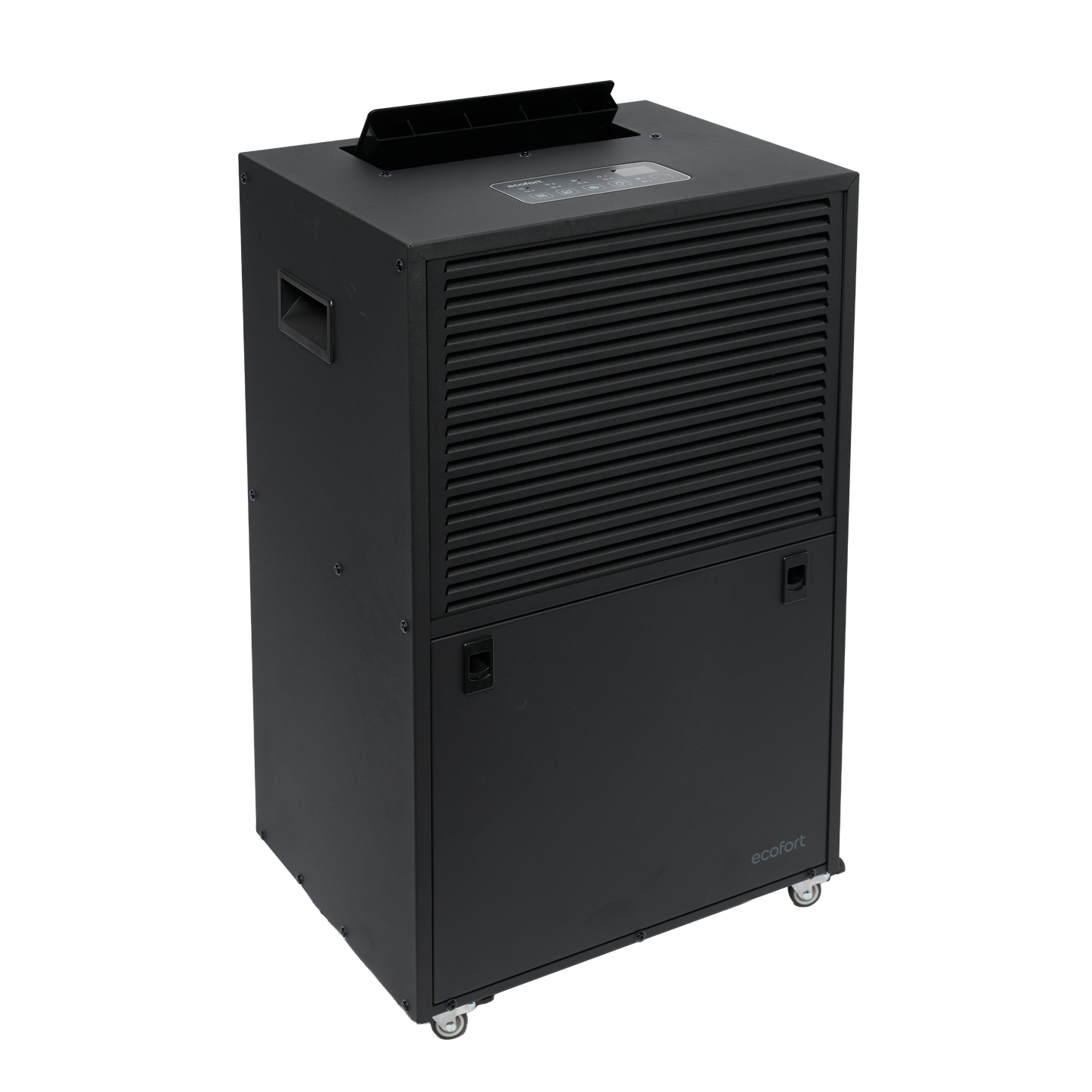 ecodry Neptun XP Black in 3/4 Ansicht mit Luftauslass und Rollen
