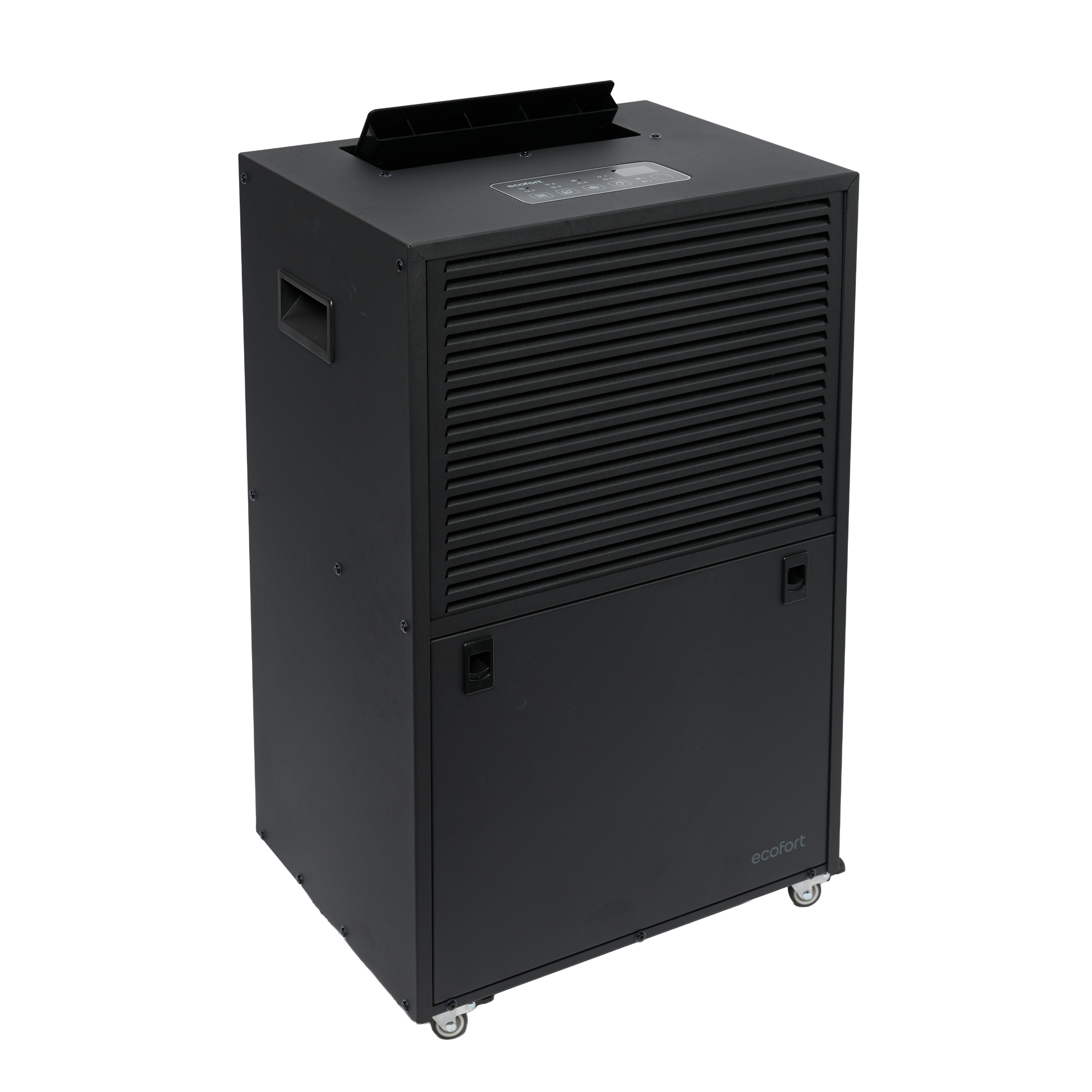 ecodry Neptun XP Black in 3/4 Ansicht mit Luftauslass und Rollen