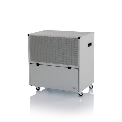 ecodry 925 Luftentfeuchter mit stabilem Metalllack und vier Rollen für einfache Mobilität.