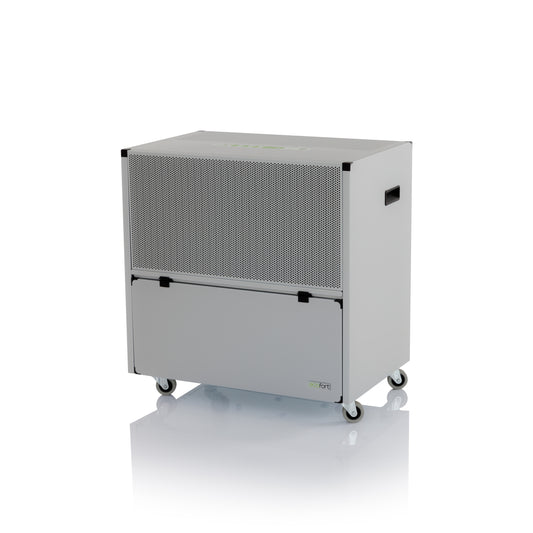 ecodry 925 Luftentfeuchter mit stabilem Metalllack und vier Rollen für einfache Mobilität.