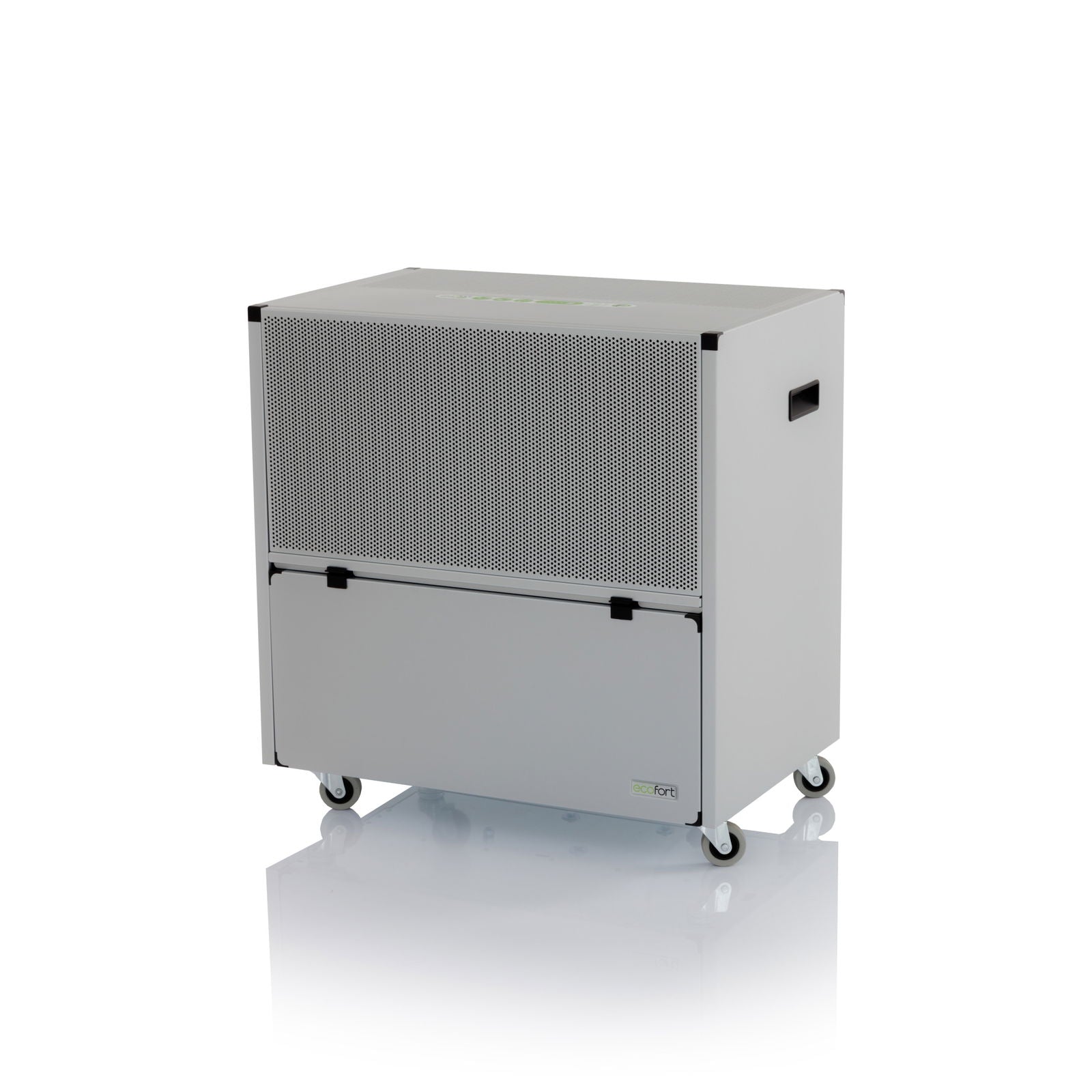 ecodry 925 Luftentfeuchter mit stabilem Metalllack und vier Rollen für einfache Mobilität.