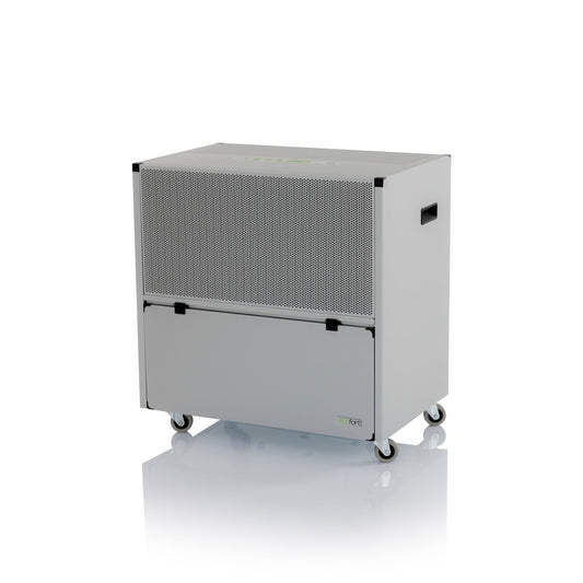 ecodry 925 Luftentfeuchter mit stabilem Metalllack und vier Rollen für einfache Mobilität.