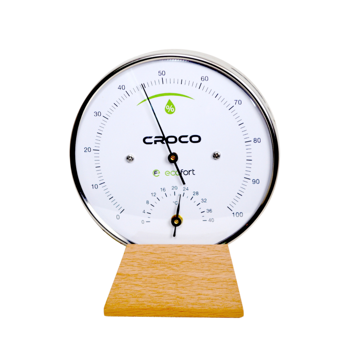 ecoQ Croco Hygrometer aus Holz für Wandmontage mit präzisem Thermometer und Hygrometer.