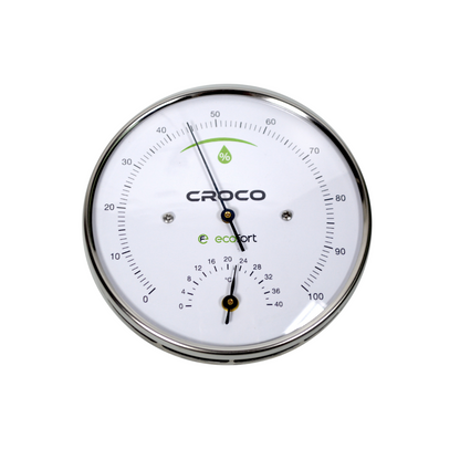 ecoQ Croco Hygrometer aus Holz zur Wandmontage, misst Temperatur und Luftfeuchtigkeit zuverlässig.