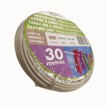 ecoQ Wäscheleine mit 30 Metern Länge und UV-resistenter Kunststoffbeschichtung, extra robustes Drahtseil.