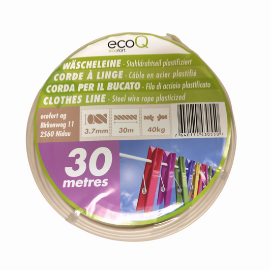 ecoQ Wäscheleine 30M mit UV-resistenter Kunststoffbeschichtung und extra robustem Drahtseil, ideal zum Trocknen.