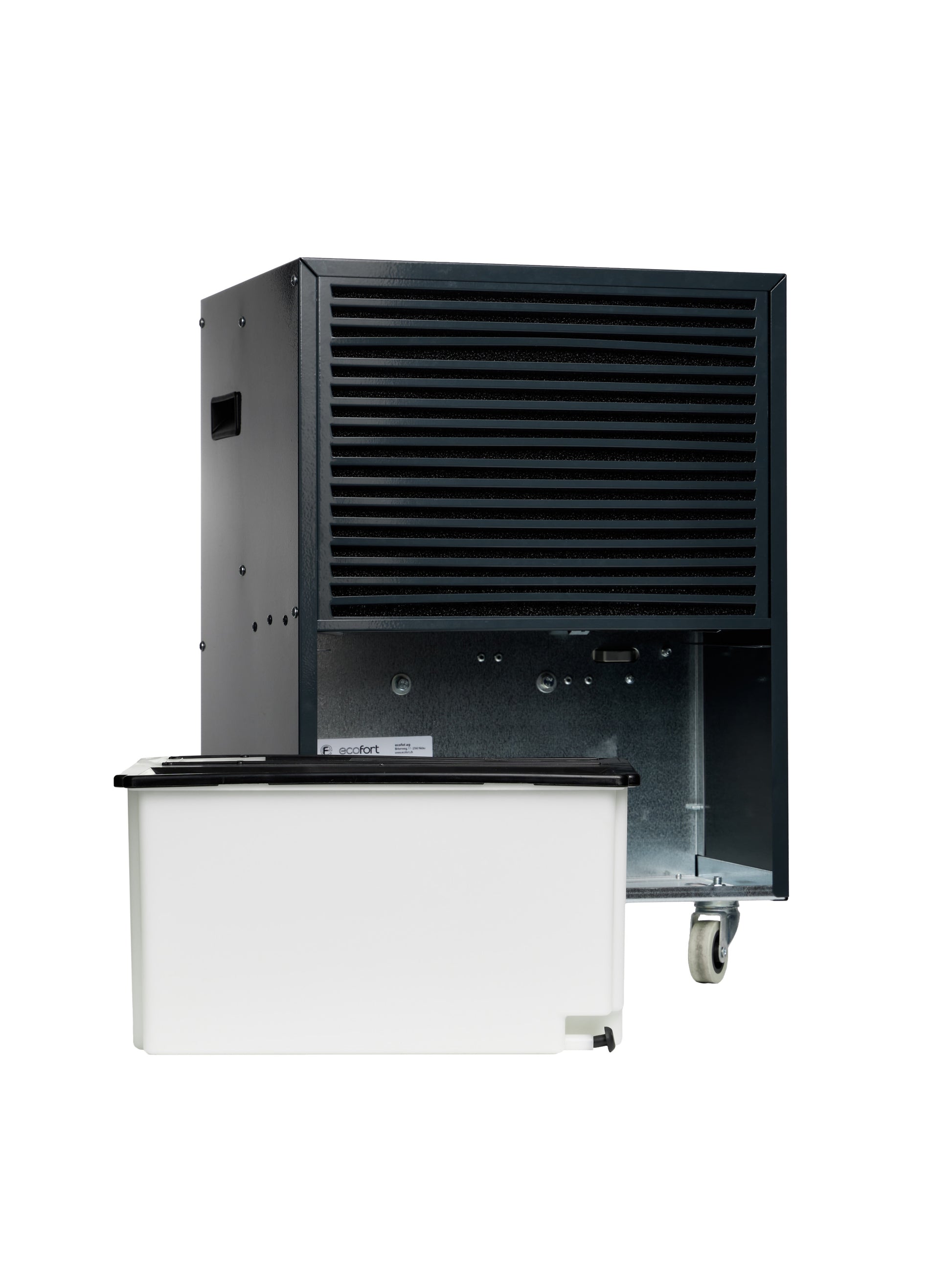 Der ecodry 425 in Anthrazit mit Rollen, ideal für Räume bis 100 m² und effektive Entfeuchtungstechnologie.