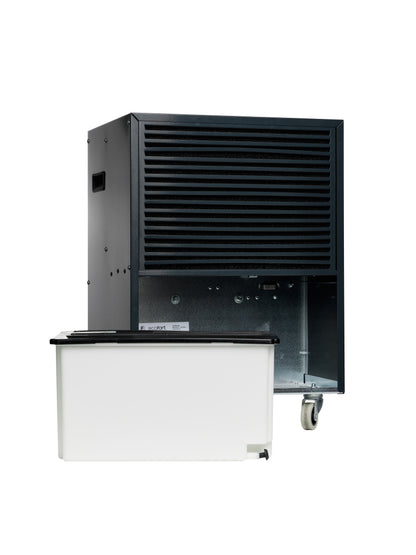 Der ecodry 425 in Anthrazit mit Rollen, ideal für Räume bis 100 m² und effektive Entfeuchtungstechnologie.