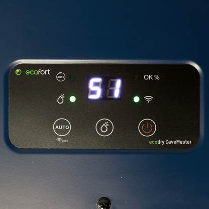 Edles Blau trifft auf Profi-Qualität: ecodry CaveMaster – Sapphire Blue reguliert zuverlässig das Kellerklima für Wein und Genuss.