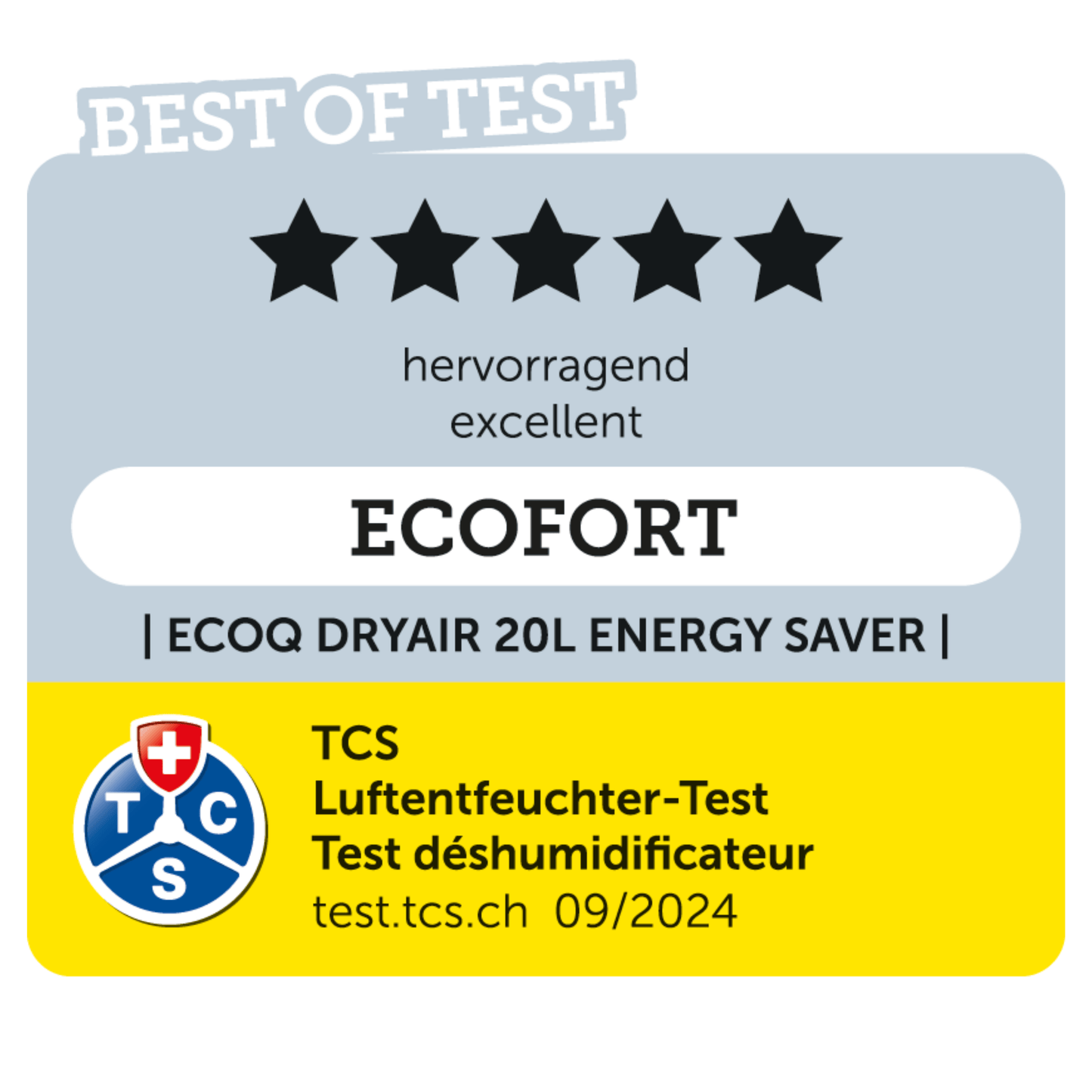ecoQ DryAir 20L Energy Saver – Classic White, stromsparend und leise, Testsieger TCS, zuverlässiger Entfeuchter für Räume bis 50 m²