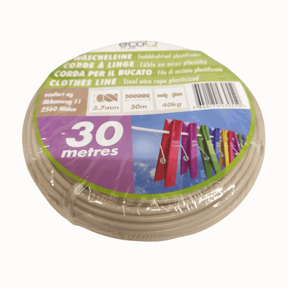 ecoQ Wäscheleine 30 Meter aus UV-resistentem Kunststoff mit extra robustem Drahtseil
