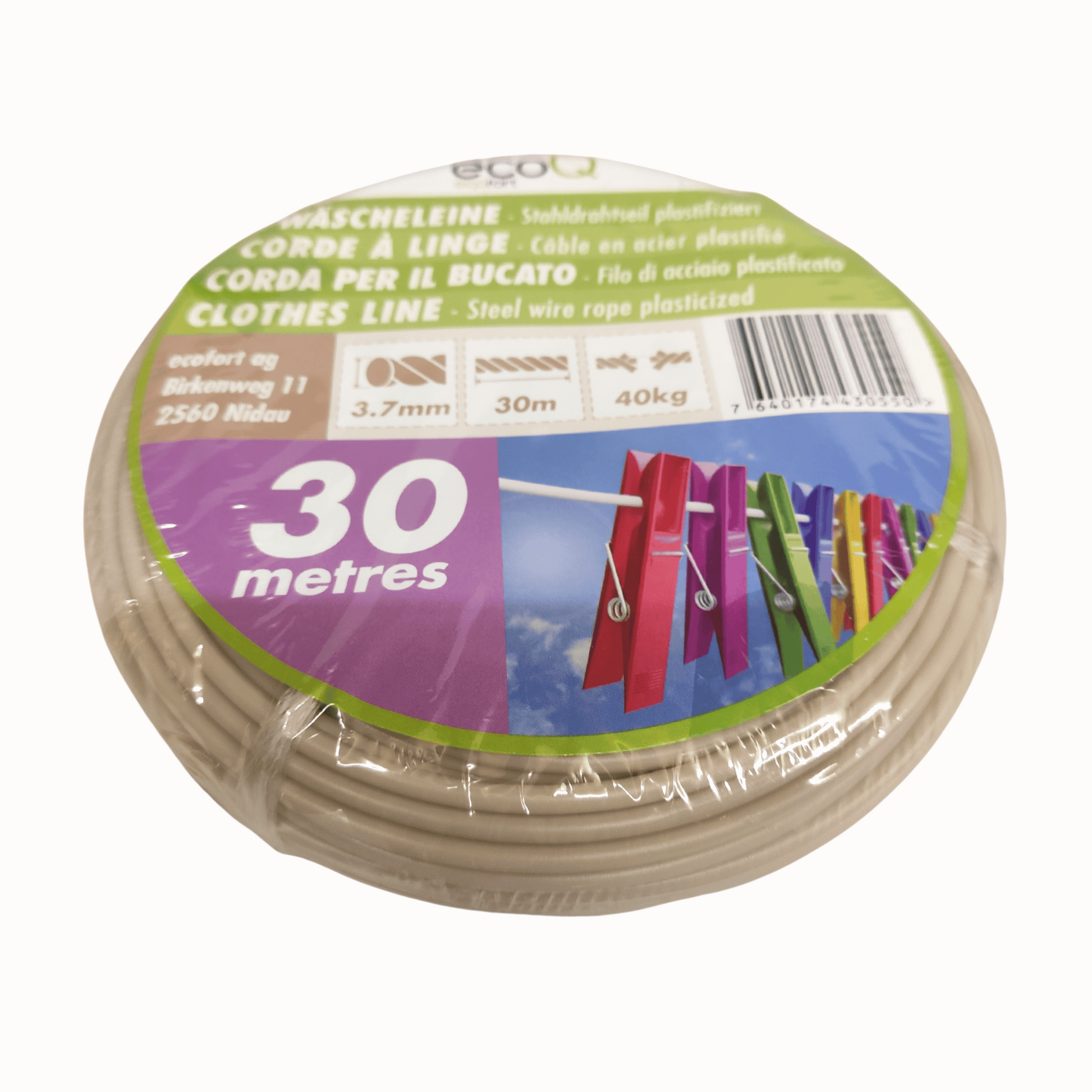 ecoQ Wäscheleine 30 Meter aus UV-resistentem Kunststoff mit extra robustem Drahtseil