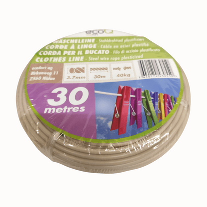 ecoQ Wäscheleine 30 Meter aus UV-resistentem Kunststoff mit extra robustem Drahtseil