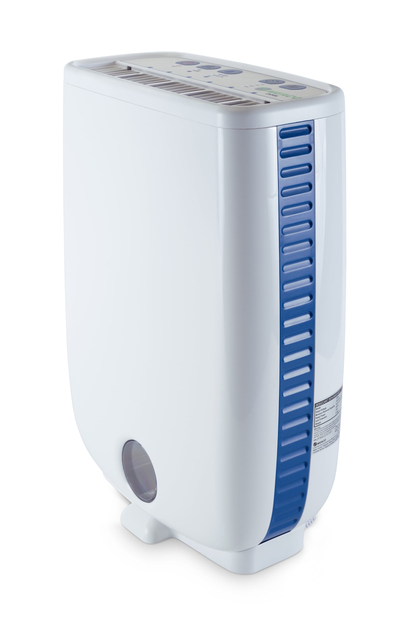 Meaco DD8L Luftentfeuchter in Weiss mit Bedienelementen und Hygrostat.