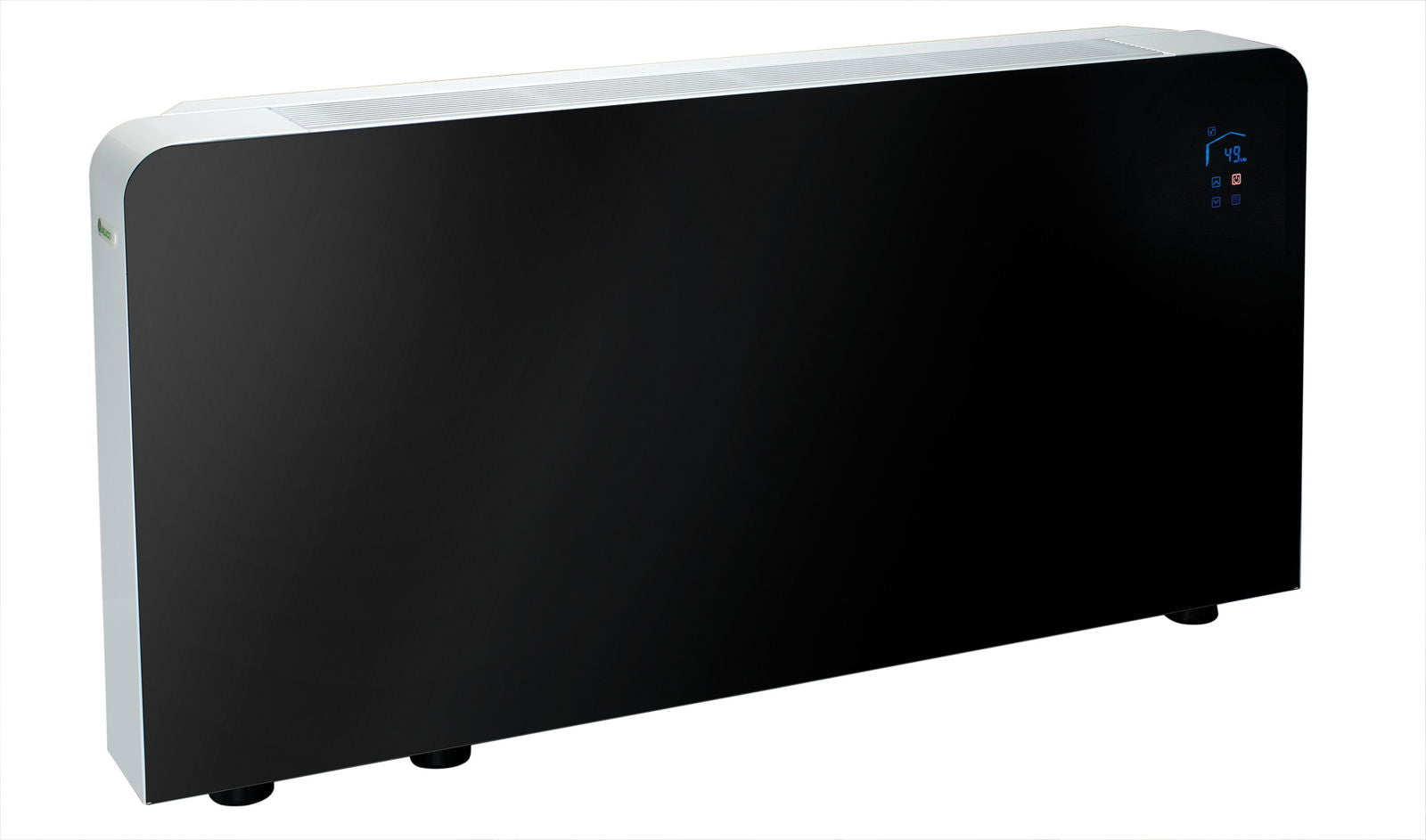 Meaco PowerDry Luftentfeuchter in elegantem Schwarz mit Glasfront und Wandmontage, Leistung 53 Liter.