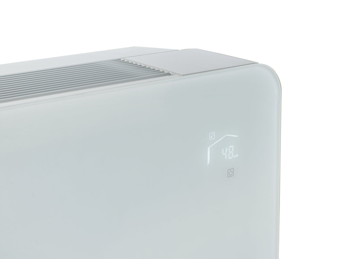 Meaco PowerDry Luftentfeuchter in Weiss, edles Design mit Glasfront, freistehend oder wandmontierbar.