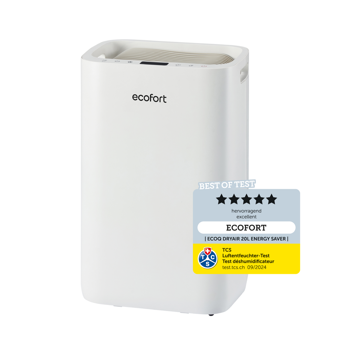ecoQ DryAir 20L Energy Saver – energieeffizienter Luftentfeuchter bis 50 m², ultra-leiser Betrieb und starke Leistung, TCS Testsieger