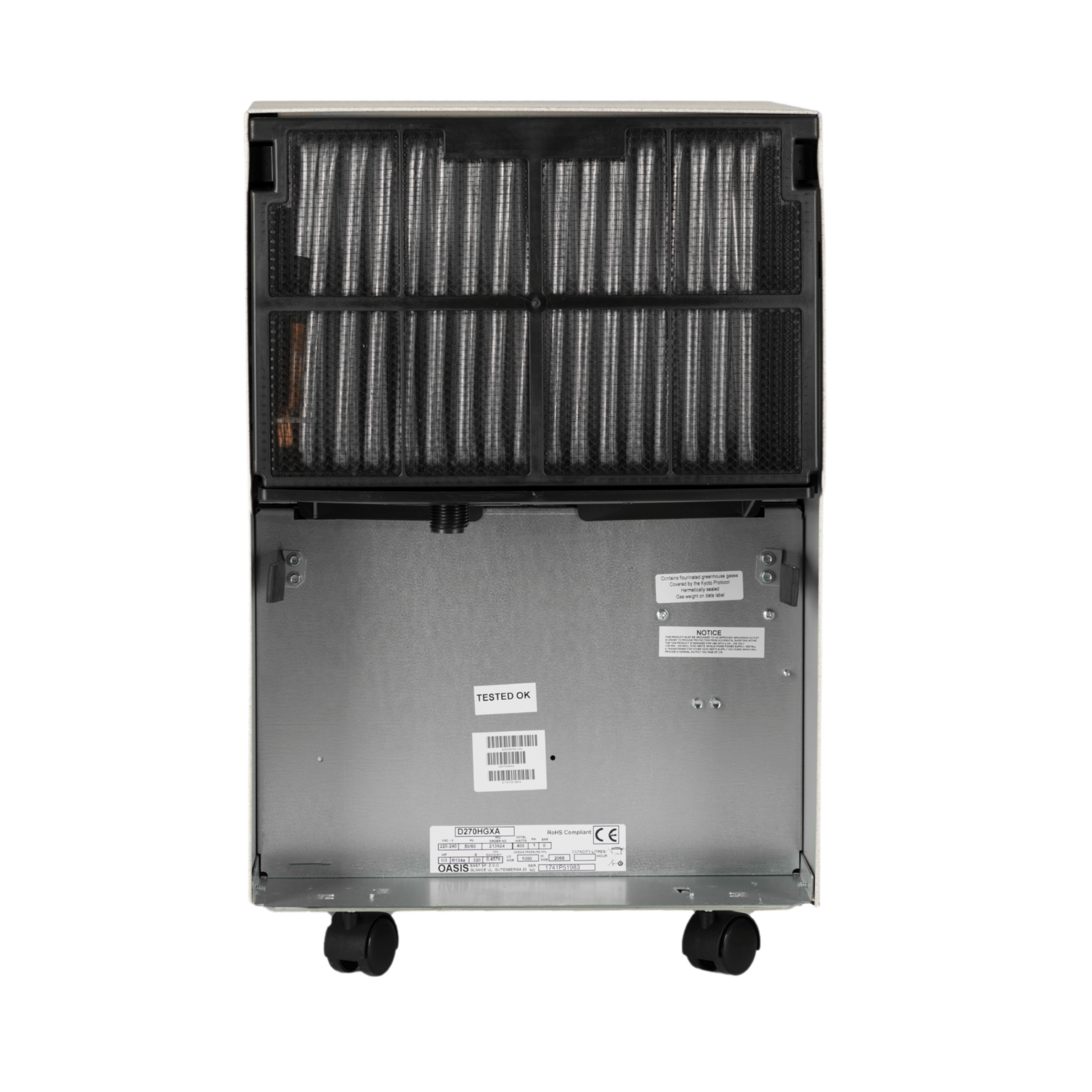 Oasis D260 eco Luftentfeuchter mit 8 l Wasserbehälter, 280 W Leistung und 2 arretierbaren Ventilationsstufen.