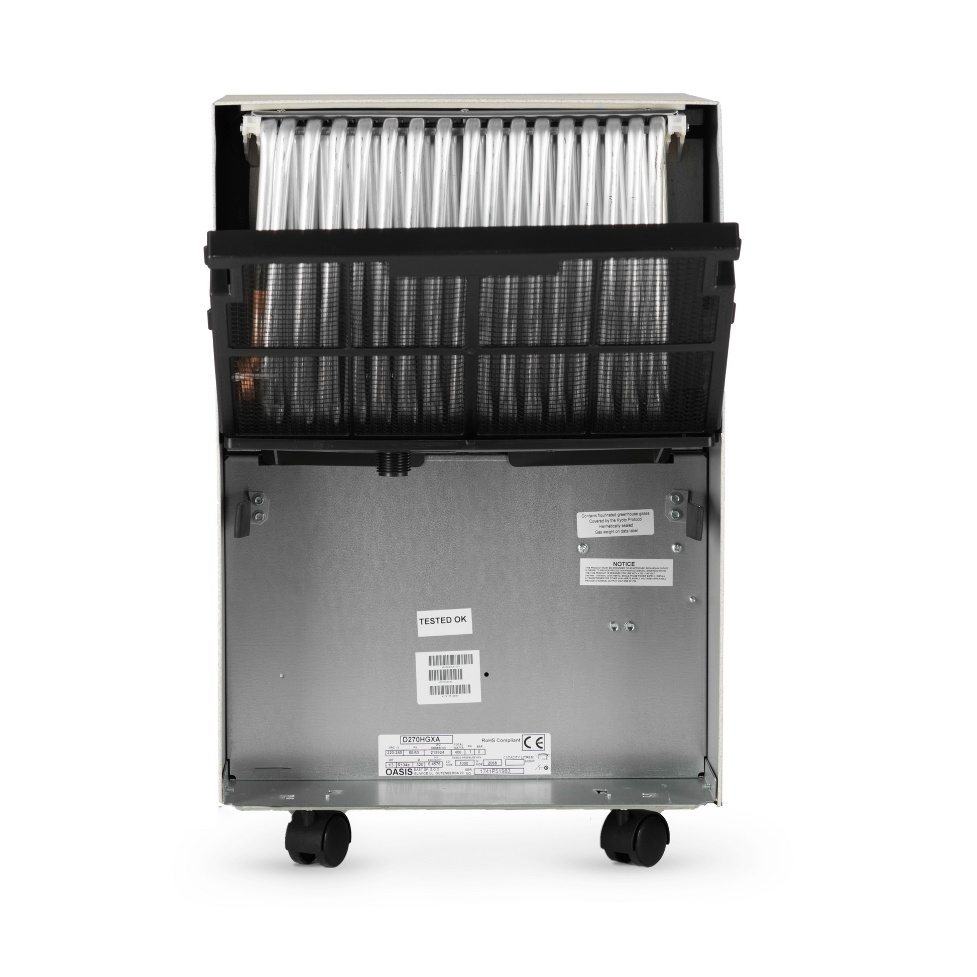 Oasis D260 eco Luftentfeuchter mit 8 l Behälter, 280 W Leistung und automatischer Heissgasabtauung.