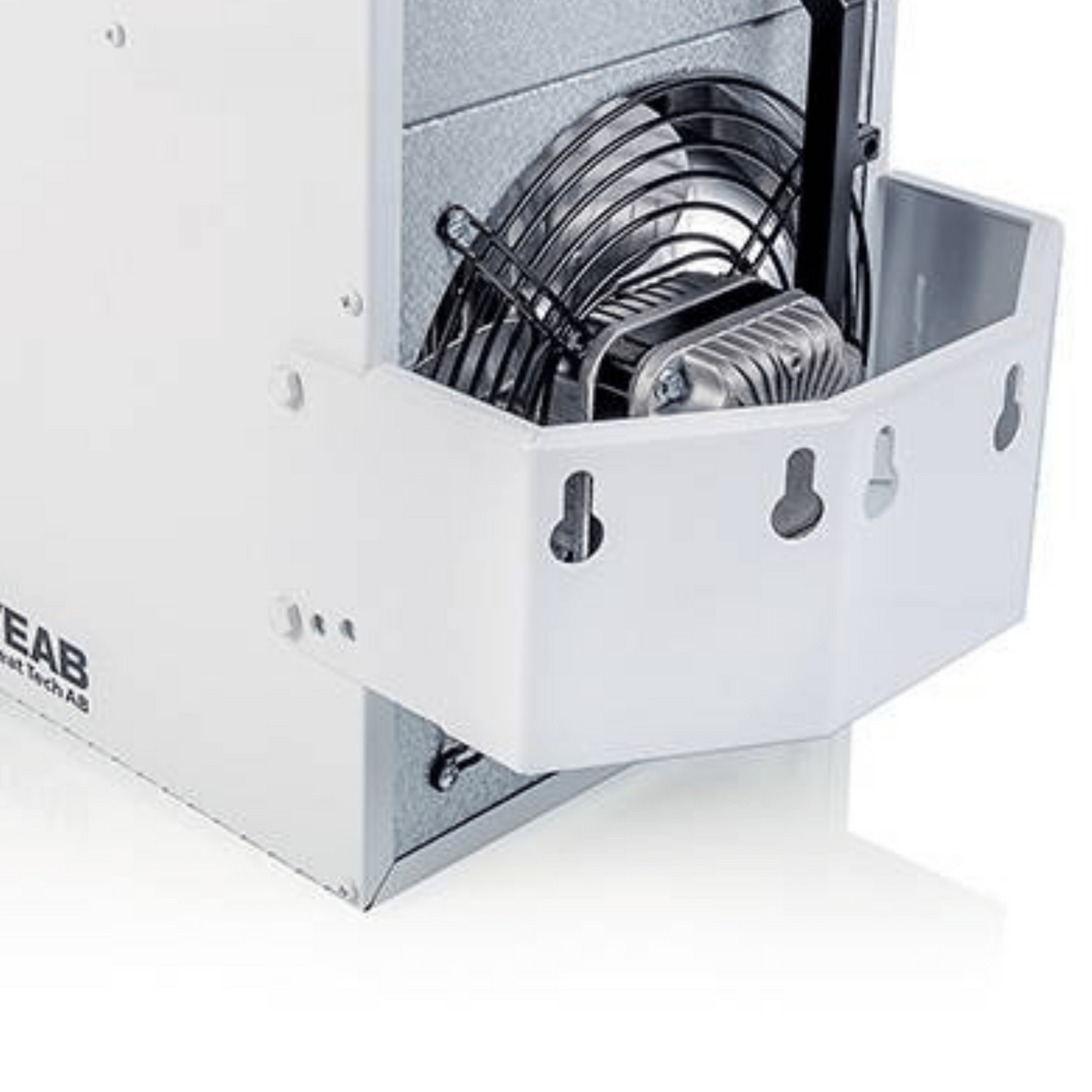 Elektro-Heizlüfter Veab ENV-L 3 kW mit Wandhalterung, IP44, robuster Edelstahlkonstruktion und externem Thermostat.