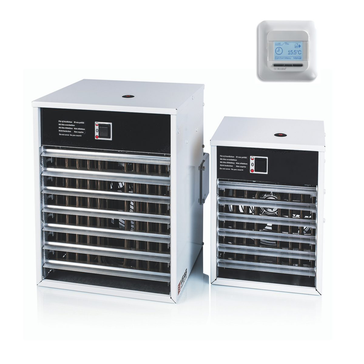 Elektro-Heizlüfter Veab ENV-L 5 kW mit Wandhalterung, geeignet für feuchte Räume, inklusive Raumthermostat.