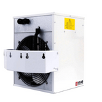 Elektro-Heizlüfter Veab ENV-L 9 kW mit verstellbarer Wandkonsole und Raumthermostat, ideal für nasse Räume.