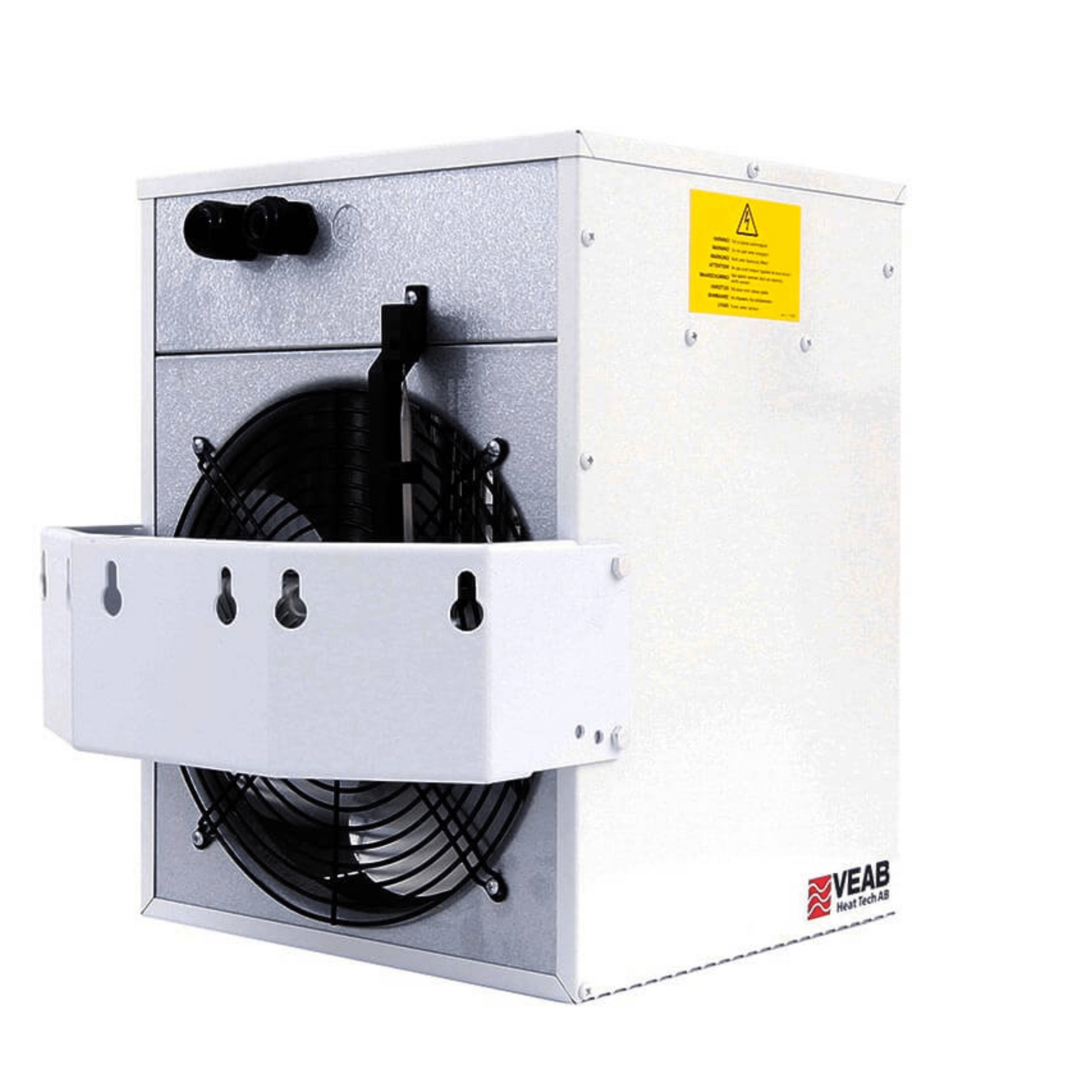 Elektro-Heizlüfter Veab ENV-L 9 kW mit verstellbarer Wandkonsole und Raumthermostat, ideal für nasse Räume.